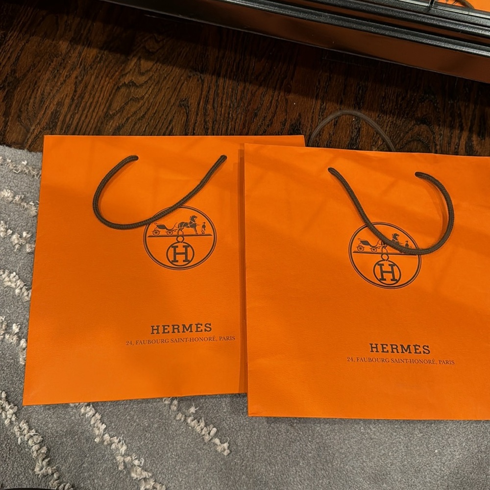 BUBDLE OF 2 HERMES SHOPPING BAG 11.75 X 11.75” AUTHENTIC AND RIBBON